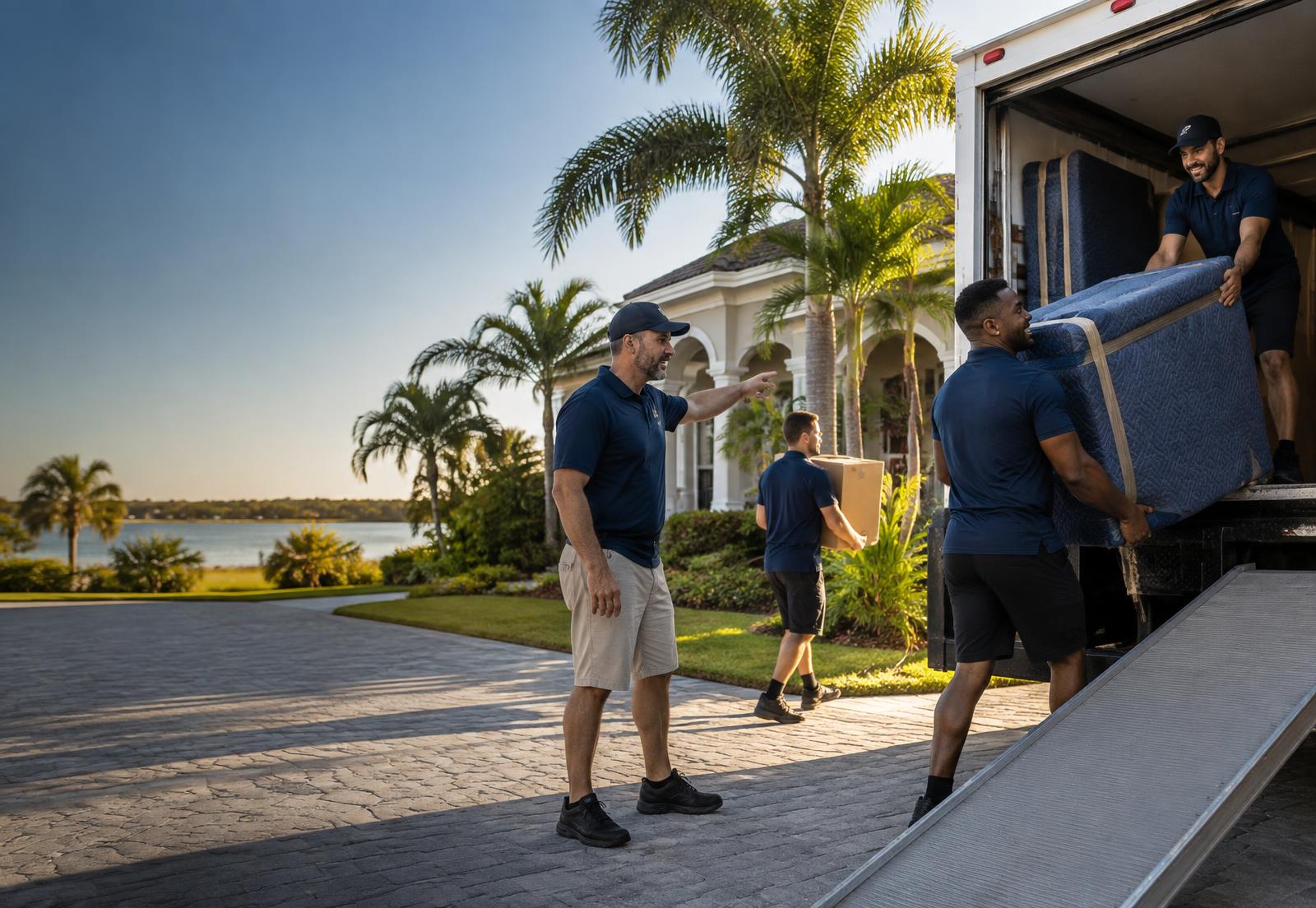Professional movers carefully loading a truck outside a Florida home
